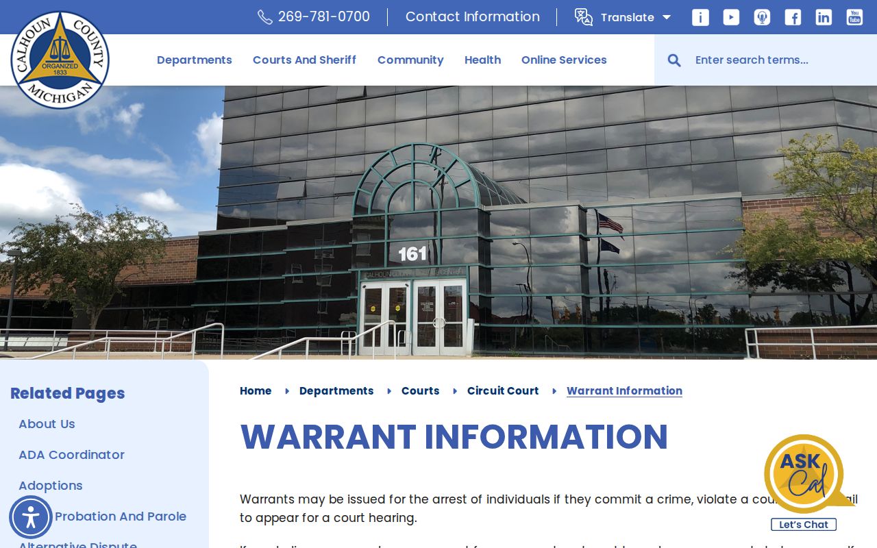 Calhoun County criminal court warrant information page