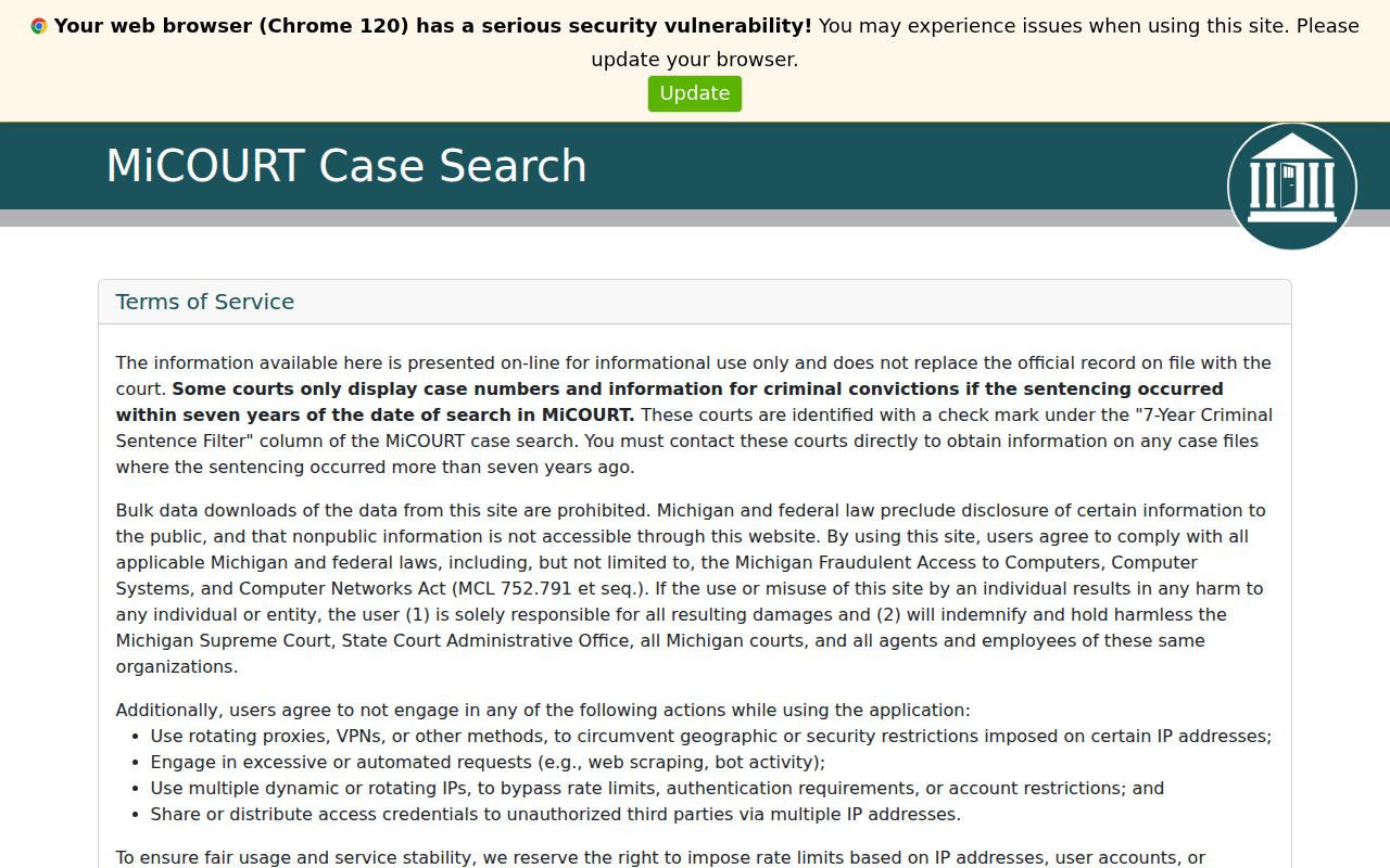 Calhoun County criminal court record search in MiCOURT