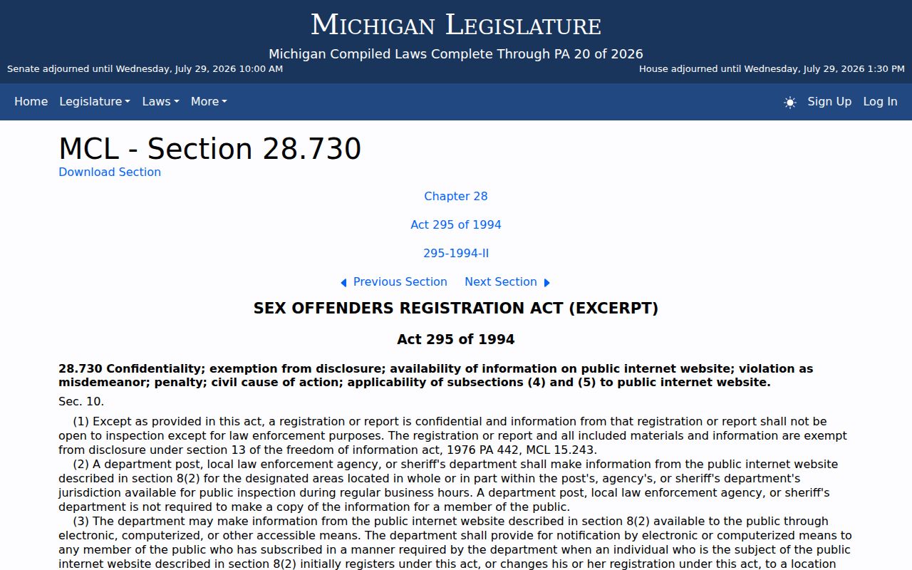 Michigan misuse restrictions for Calhoun County sex offender registry information