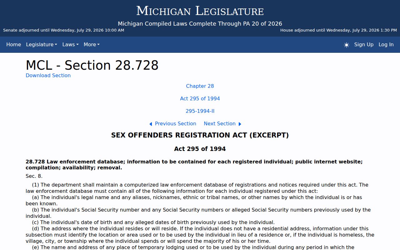 Michigan public registry law for Calhoun County sex offender records